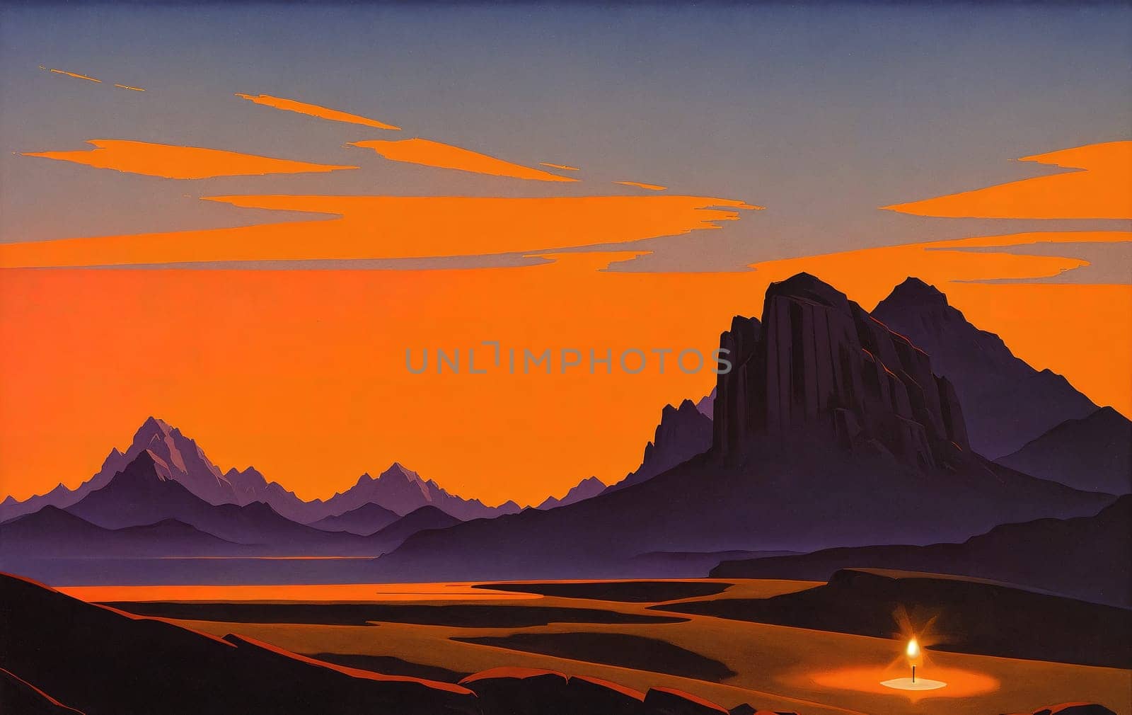 The image shows a desert landscape with mountains in the background and a small campfire in the foreground.