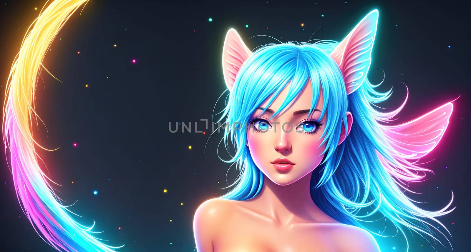 The image depicts a young woman with long, flowing blue hair and a crescent moon tattoo on her forehead, standing in front of a colorful background.