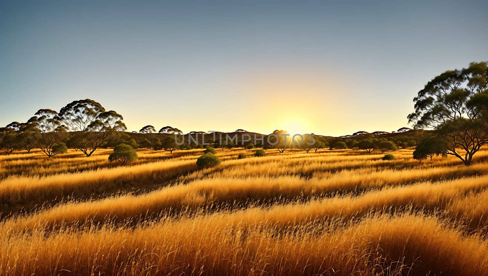 The image shows a sunset in a grassy field with trees in the background.