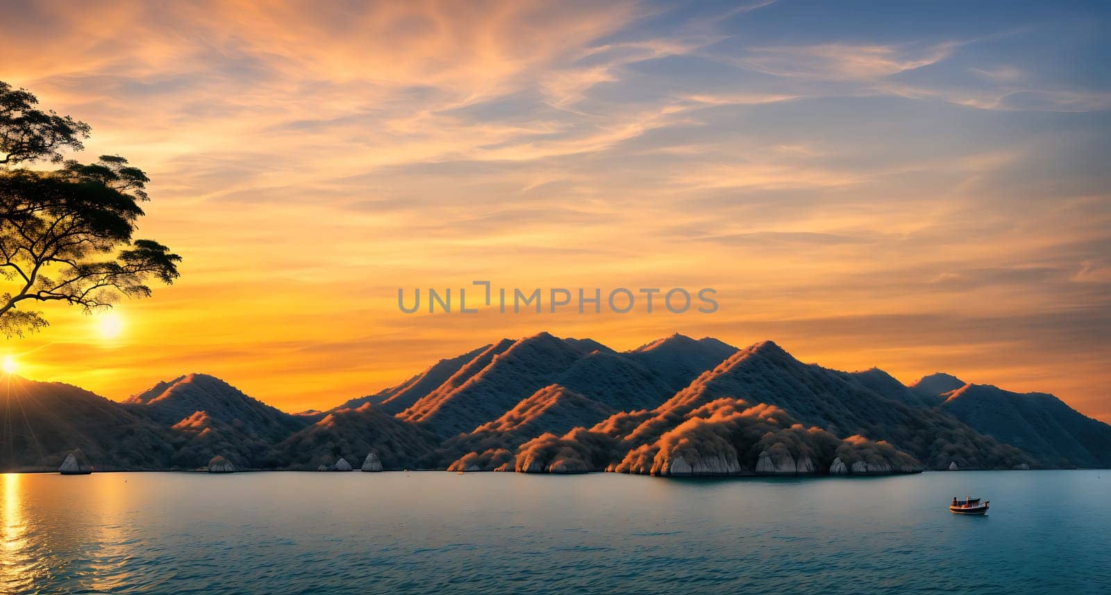 The image depicts a serene landscape with mountains in the background, a lake in the foreground, and a small boat floating on the water.