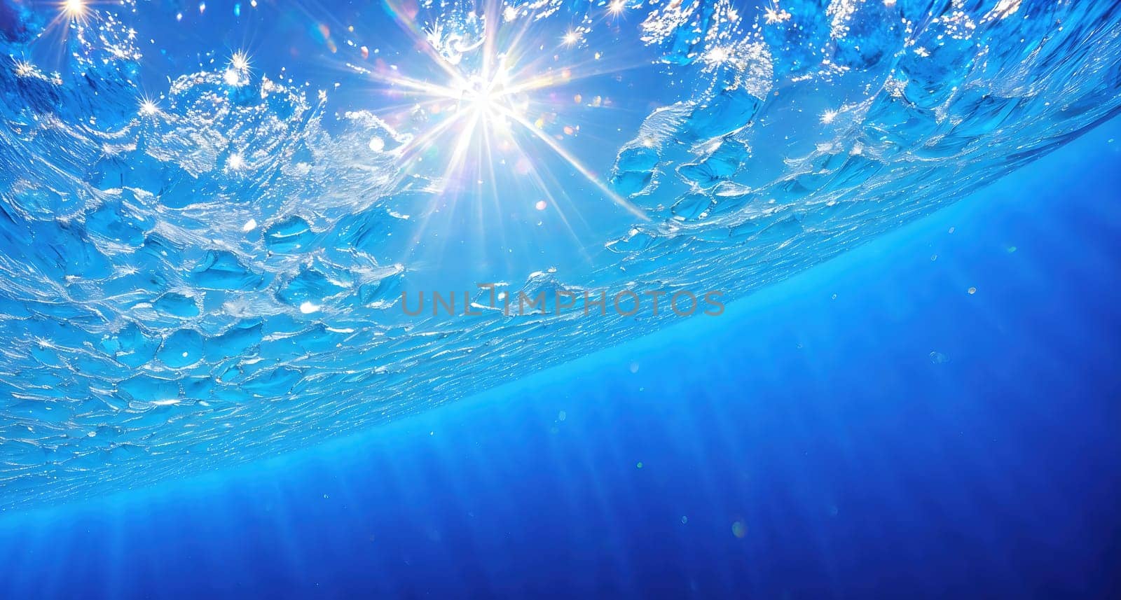 The image depicts a blue sky with fluffy white clouds floating in the air, with the sun shining brightly overhead.
