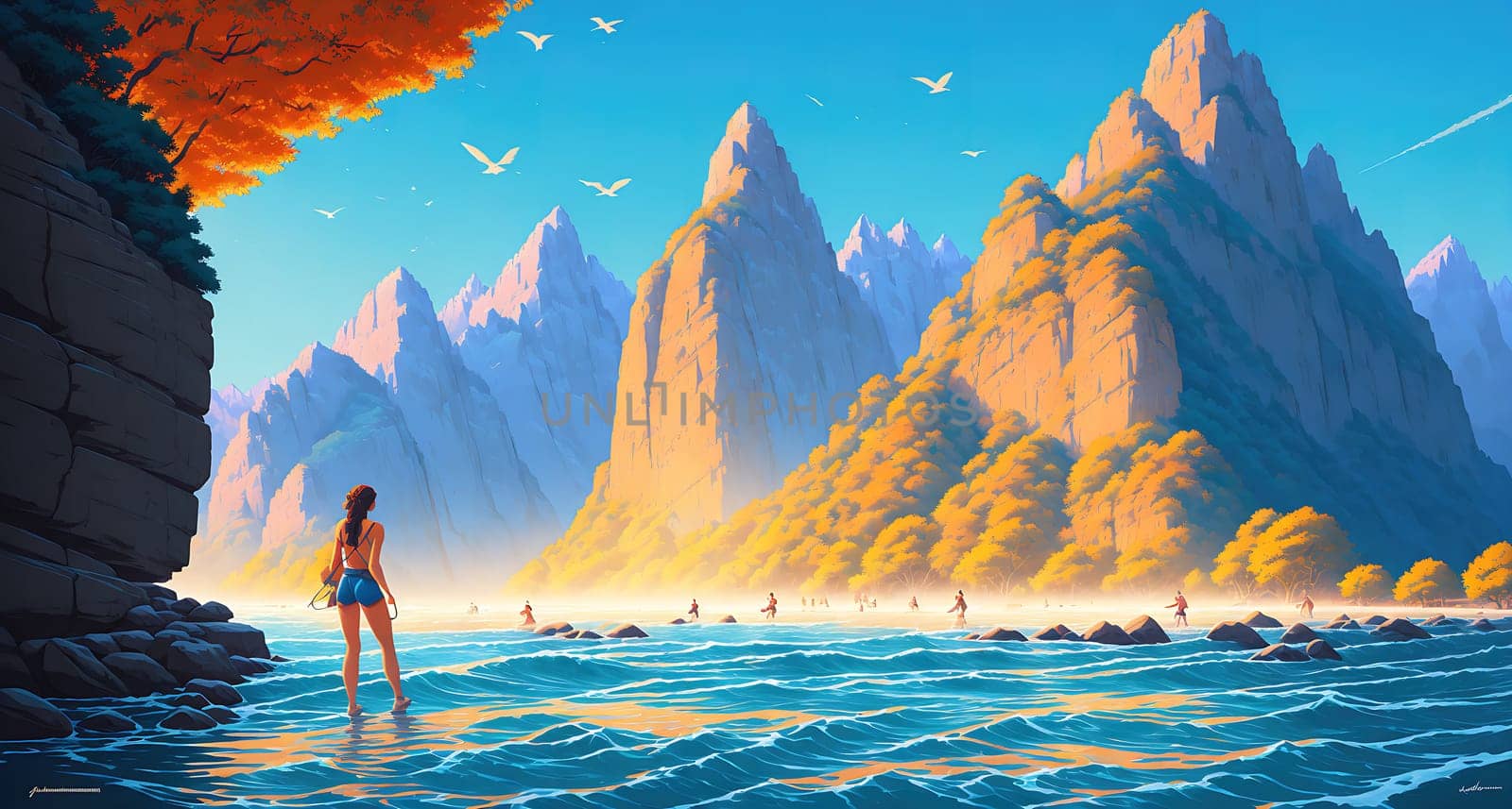 The image depicts a woman standing on a rock in the middle of a river, surrounded by mountains and trees.