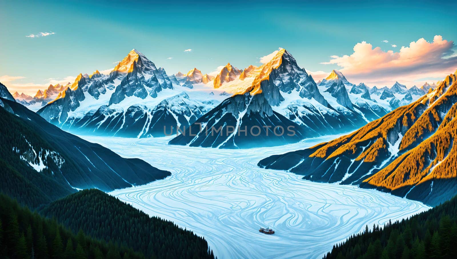 The image shows a mountainous landscape with a river running through it, surrounded by snowcapped mountains in the distance.