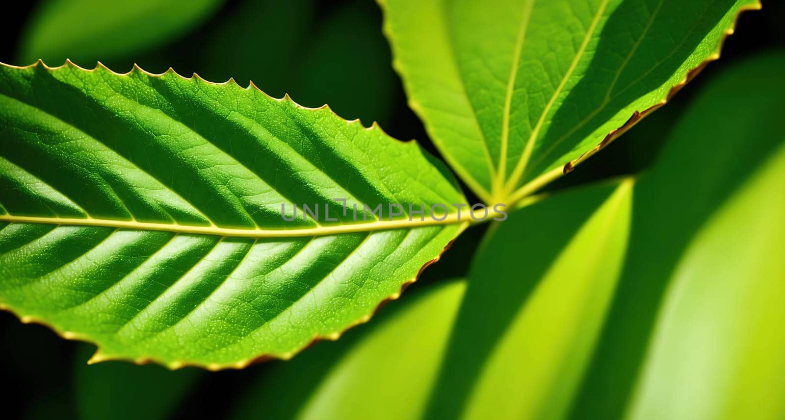 The image shows a close up of a green leaf with veins on the surface.