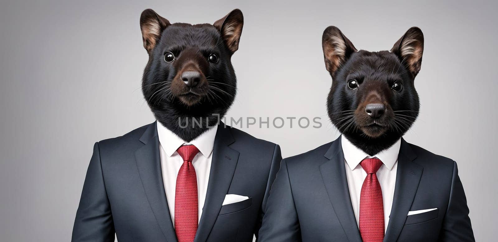 The image depicts two dogs wearing suits and ties, one with a collar and the other with a bow tie.