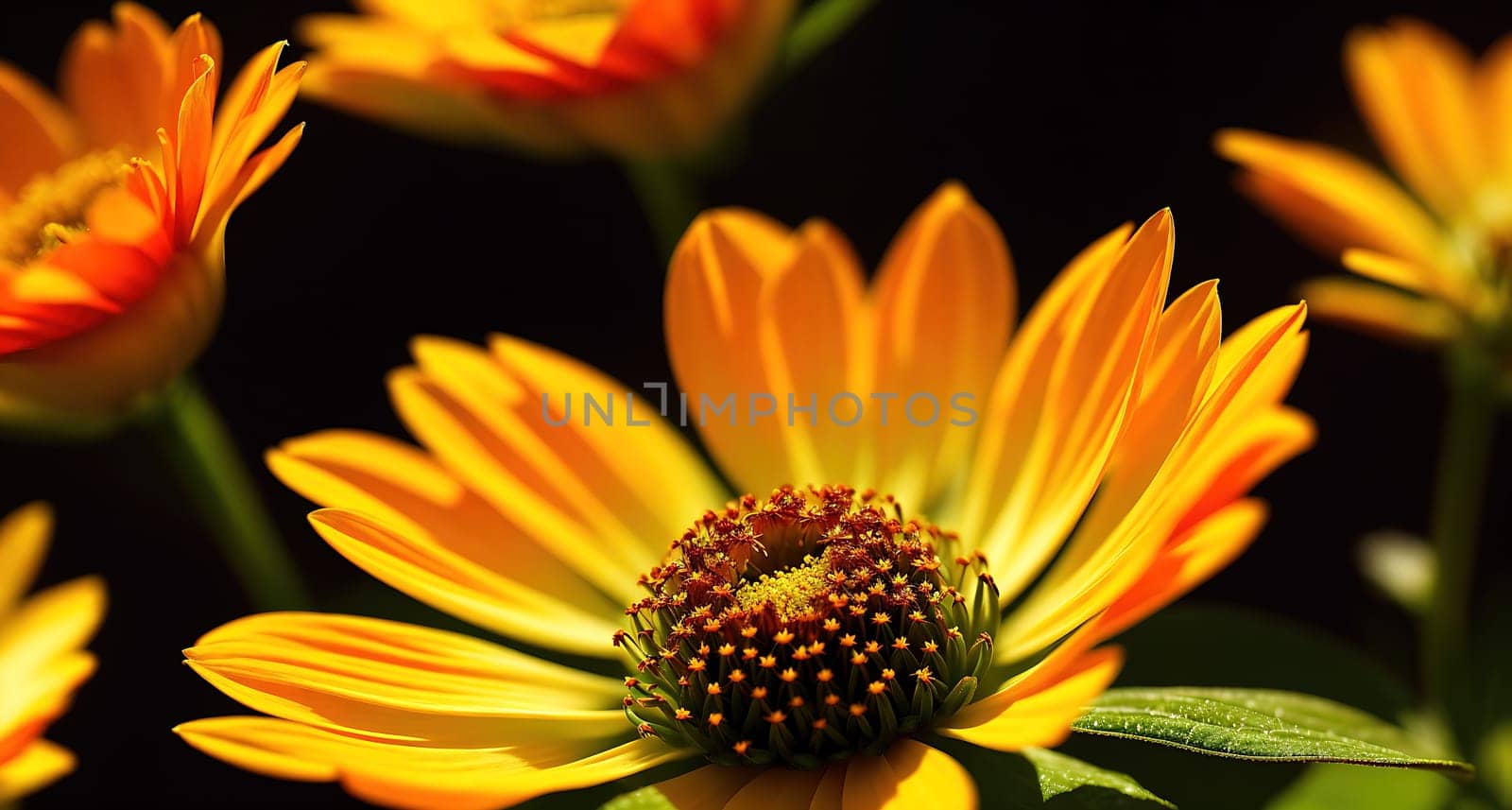 The image shows a group of yellow flowers in a vase on a table.