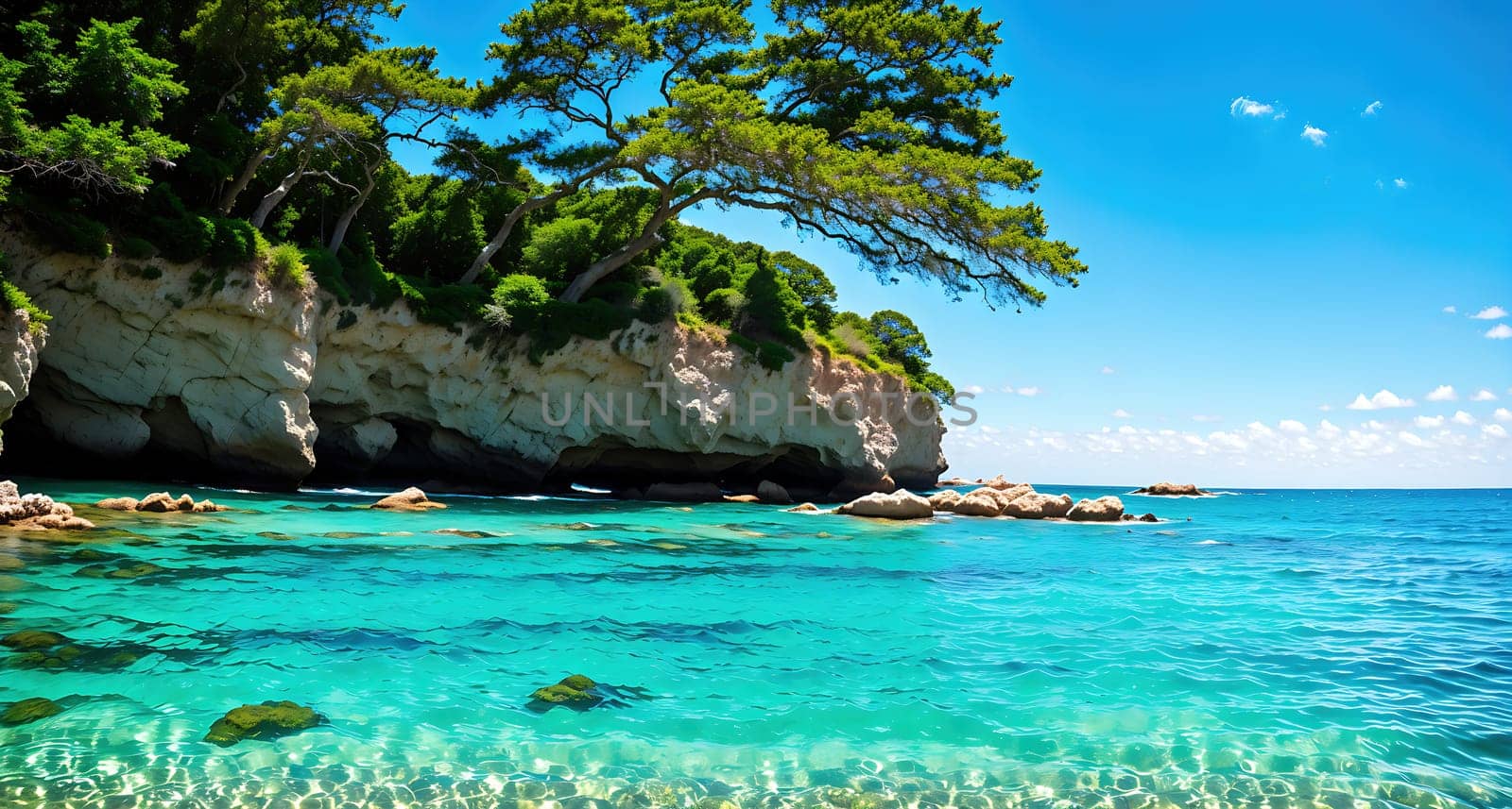 The image shows a rocky coastline with a small island in the distance, surrounded by clear blue water and lush green trees.