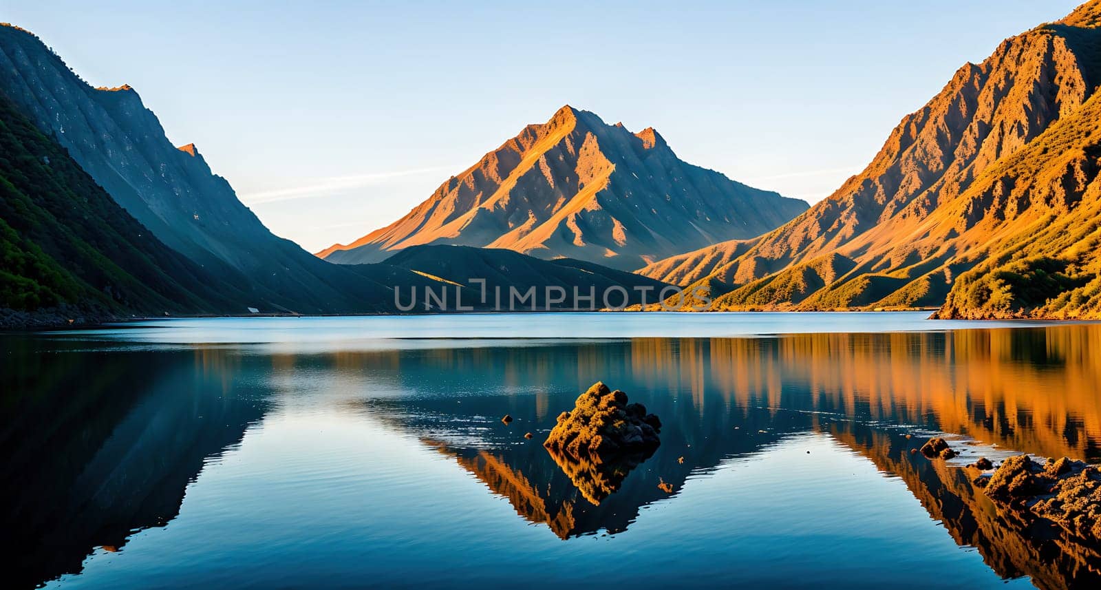 The image shows a serene lake surrounded by mountains in the background, with a reflection of the mountains in the water.