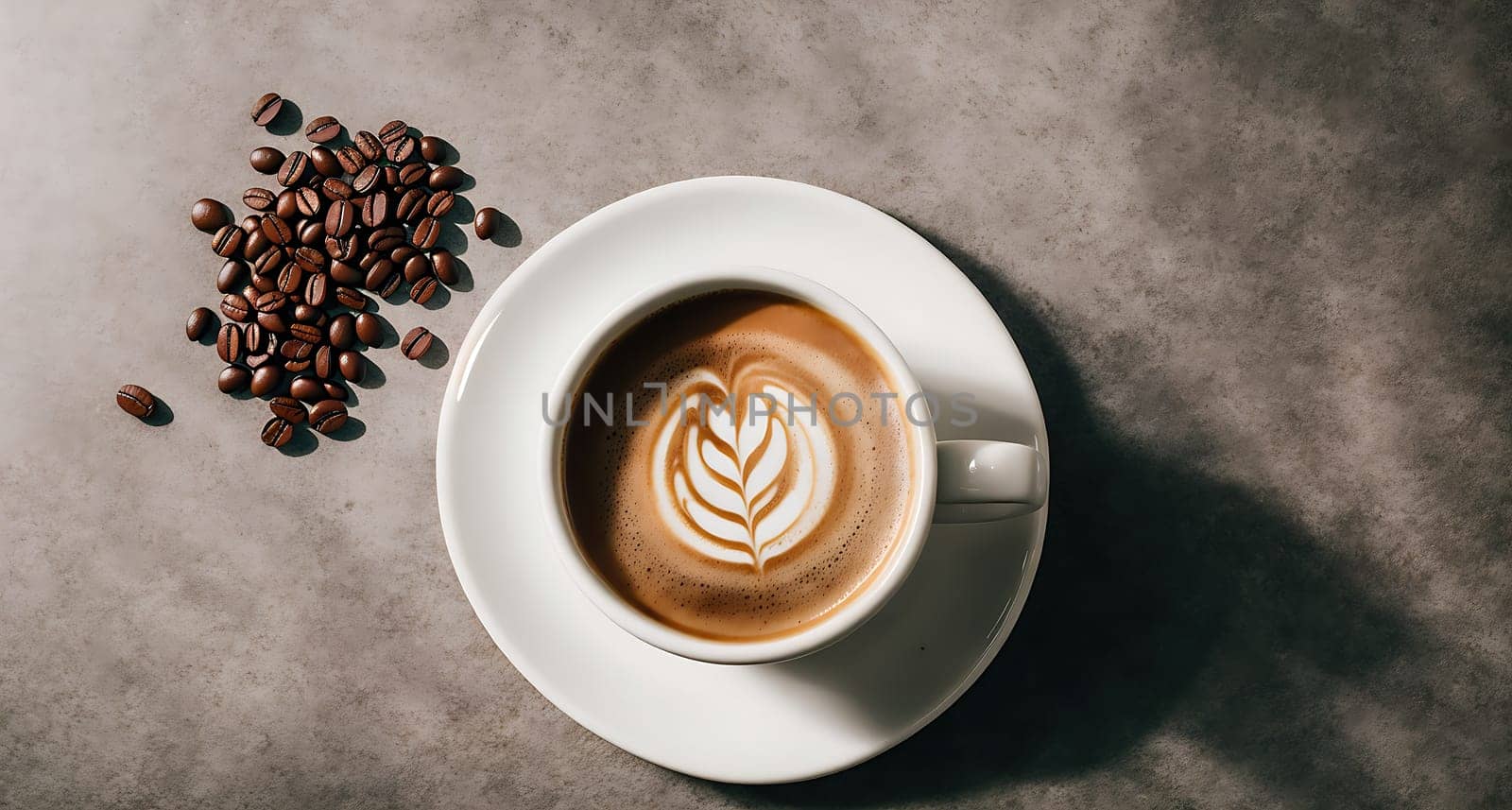 The image is a white cup of coffee with a spoon in it, surrounded by coffee beans on a table.