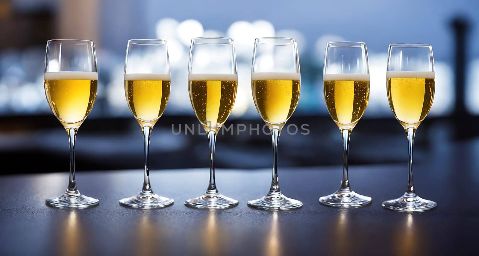 The image shows a row of five glasses of champagne on a table with a white tablecloth and a candle in the center.