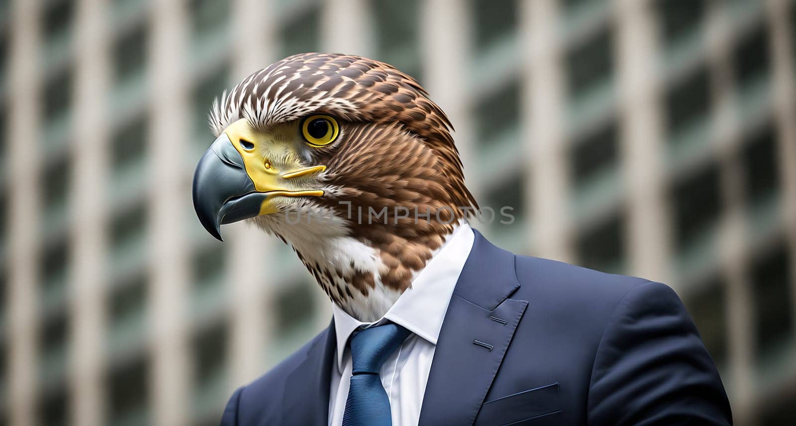 The image shows a bird wearing a suit and tie standing in front of a city skyline.