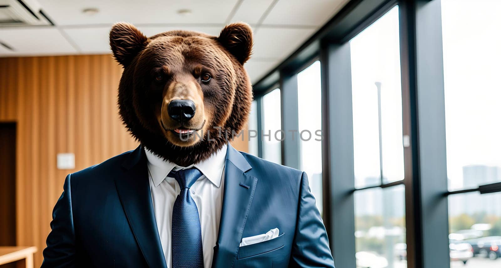 The image shows a man wearing a suit and tie standing in front of a window with a bears head on his shoulders.