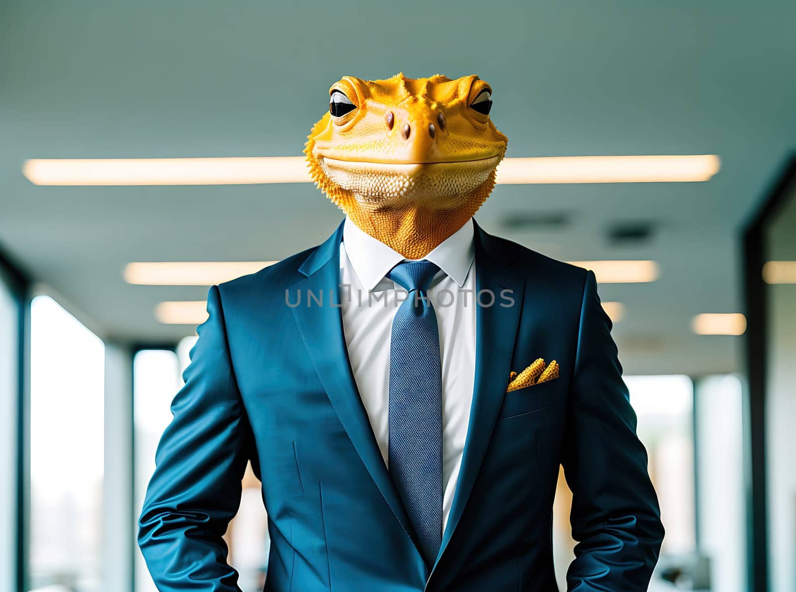 The image shows a man wearing a business suit and holding a mask of a lizard on his face.