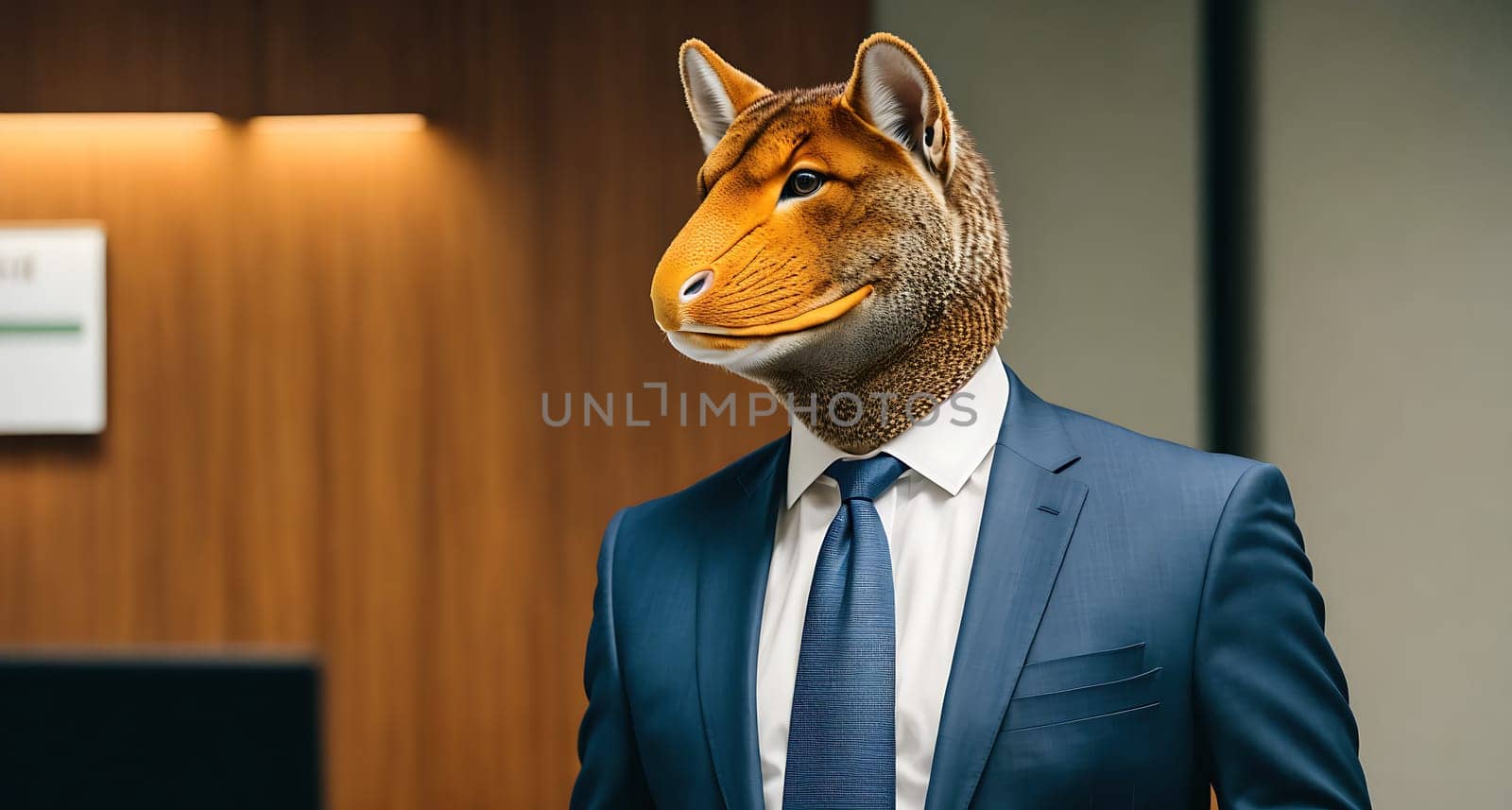 The image shows a man in a business suit standing in front of a desk with a laptop on it.