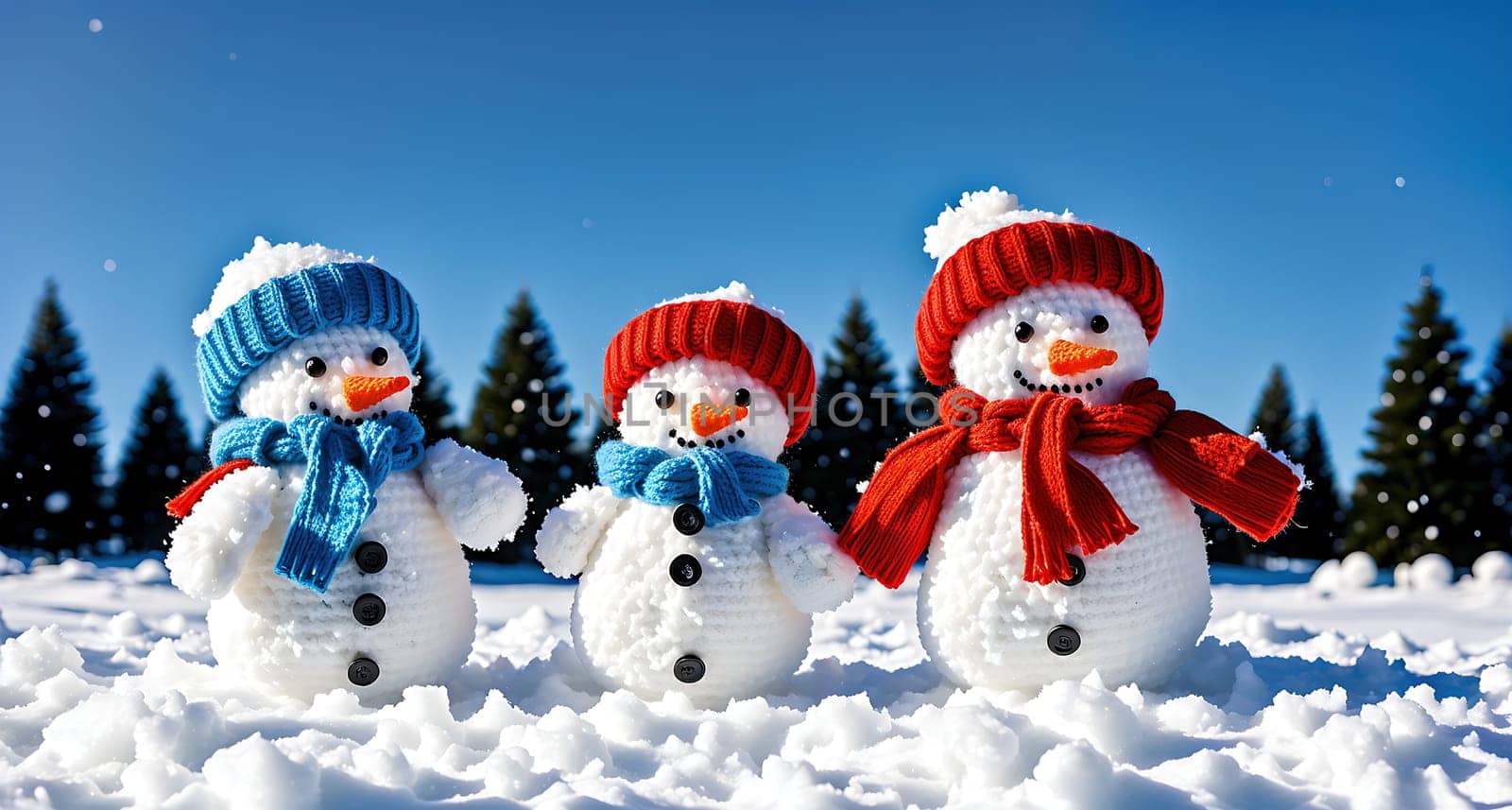 The image shows three snowmen standing in the snow, wearing hats and scarves, and looking at the camera.