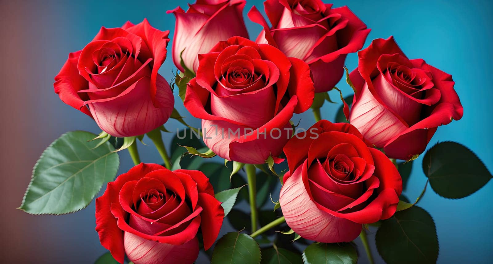 The image shows a bouquet of red roses arranged in a vase with a blue background.
