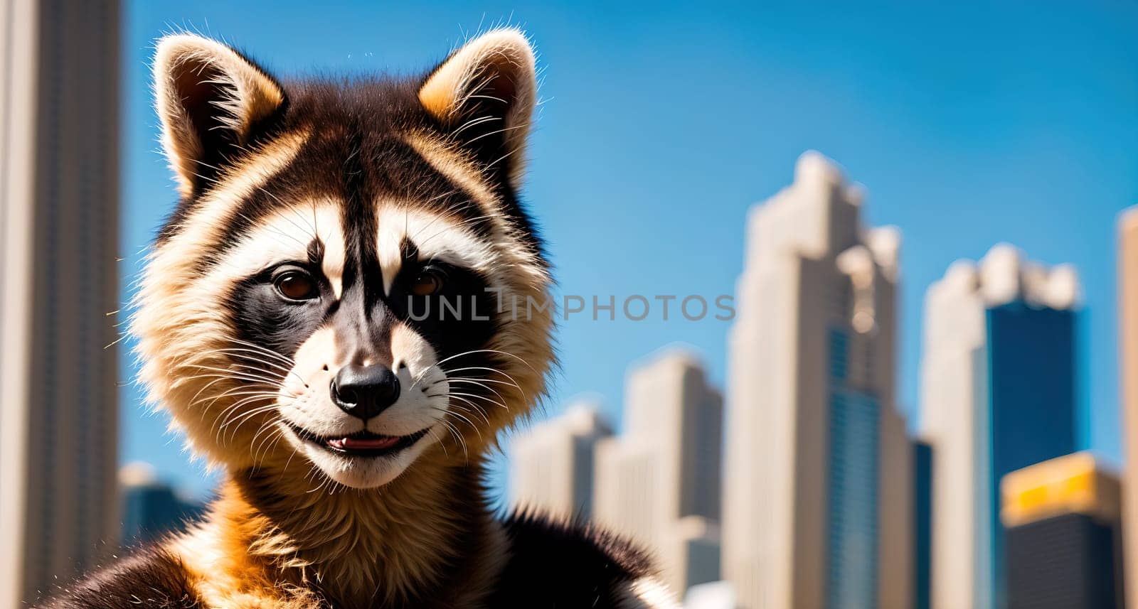 The image shows a raccoon standing on a ledge, looking out at the city skyline in the background.