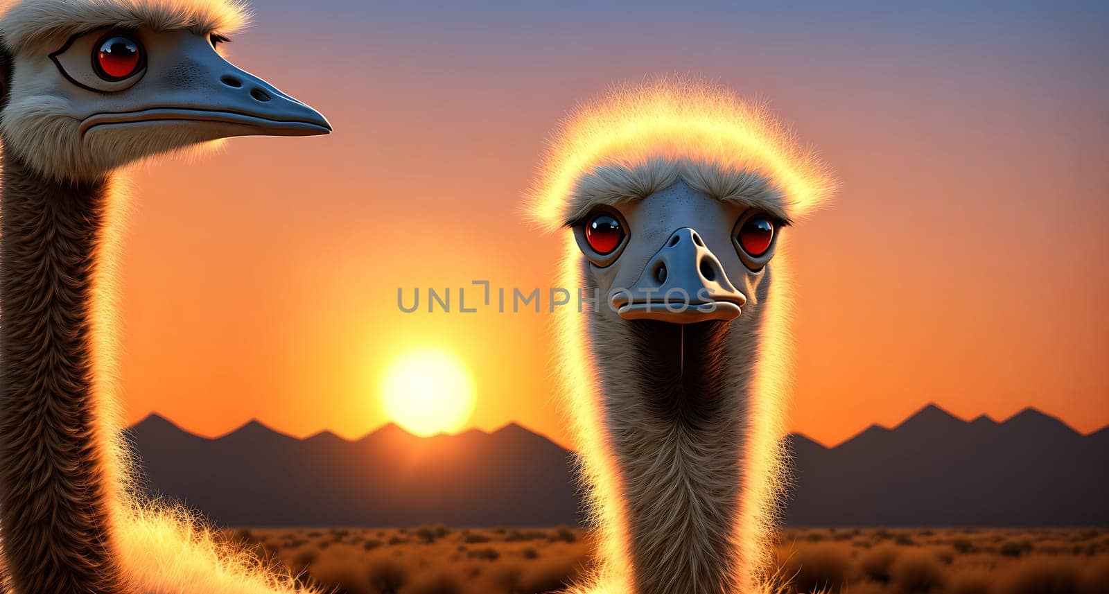 The image shows two ostriches standing in a desert landscape at sunset, with the sun setting in the background.