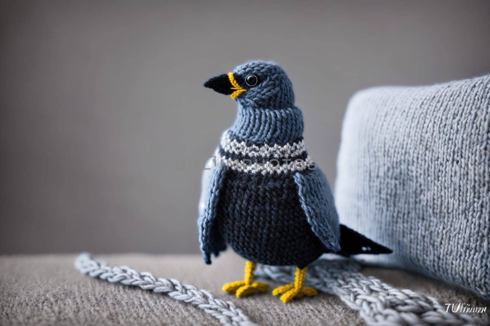 The image is a knitted bird sitting on top of a pile of yarn, with its beak open and its wings spread out to the sides.