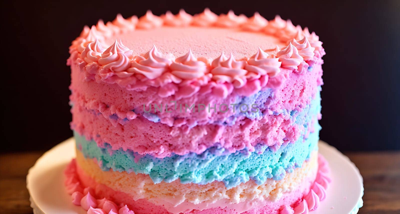 The image is a pink and blue layer cake with frosting on top.