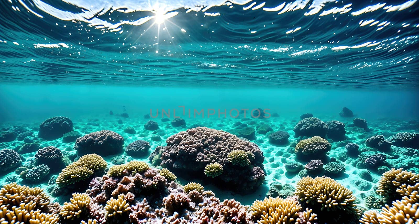 The image shows a coral reef with various types of coral and fish swimming in the water.