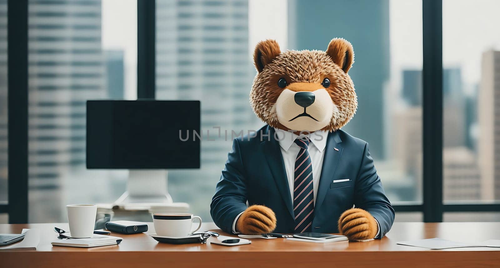 The image shows a brown teddy bear wearing a suit and tie sitting at a desk in an office with a city skyline in the background.
