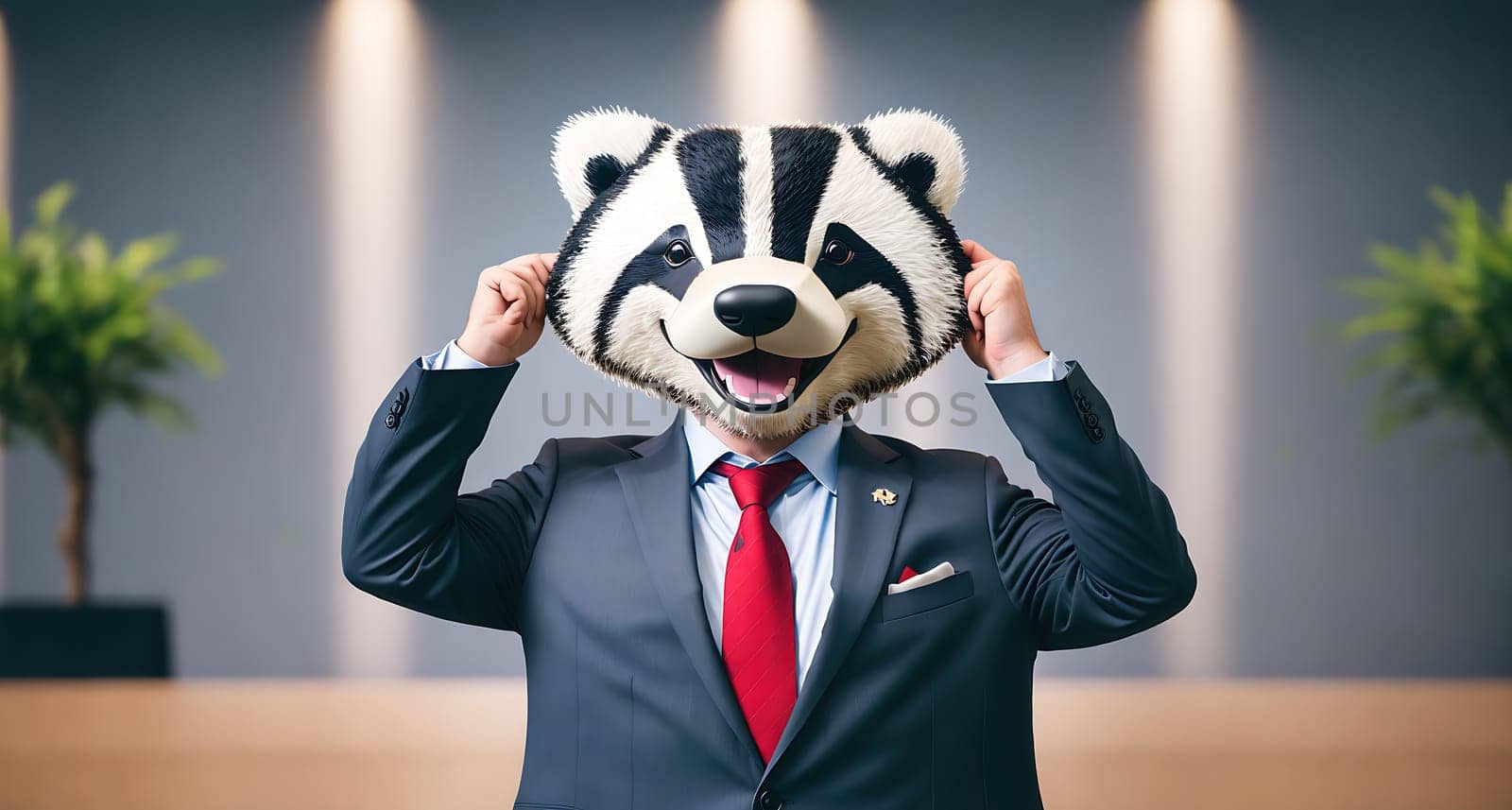 The image shows a man in a business suit holding a stuffed animal, possibly a raccoon, in front of a blank wall.