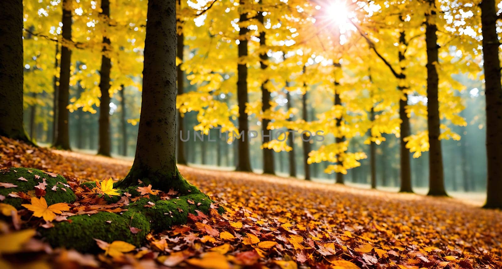 The image shows a serene forest scene with yellow leaves on the ground and trees in the background.