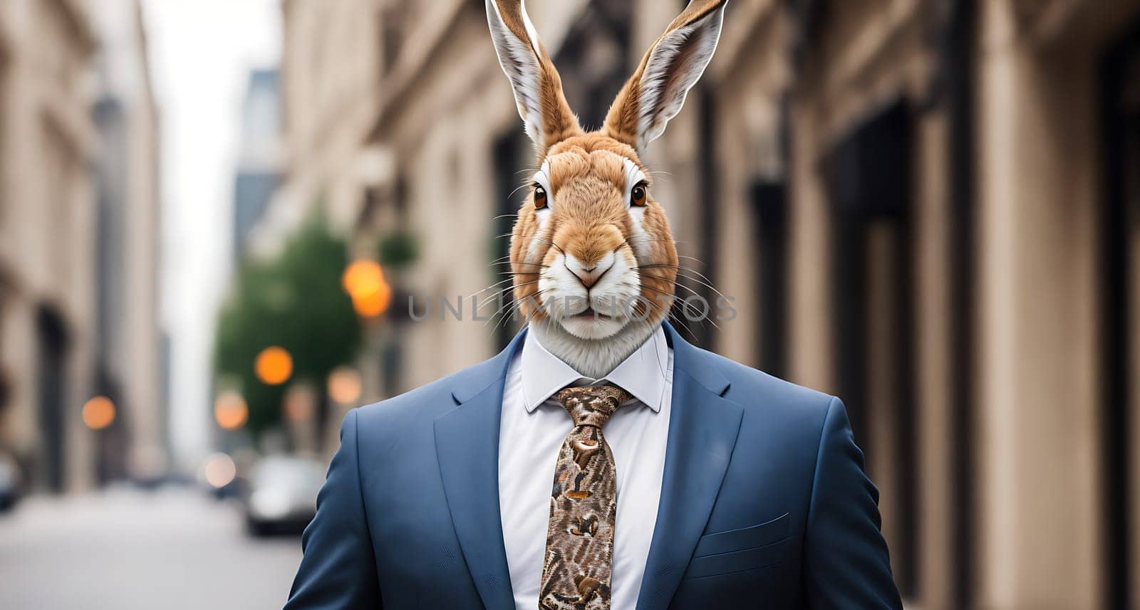 The image shows a man in a suit and tie standing in the middle of a city street, looking at his reflection in a window.