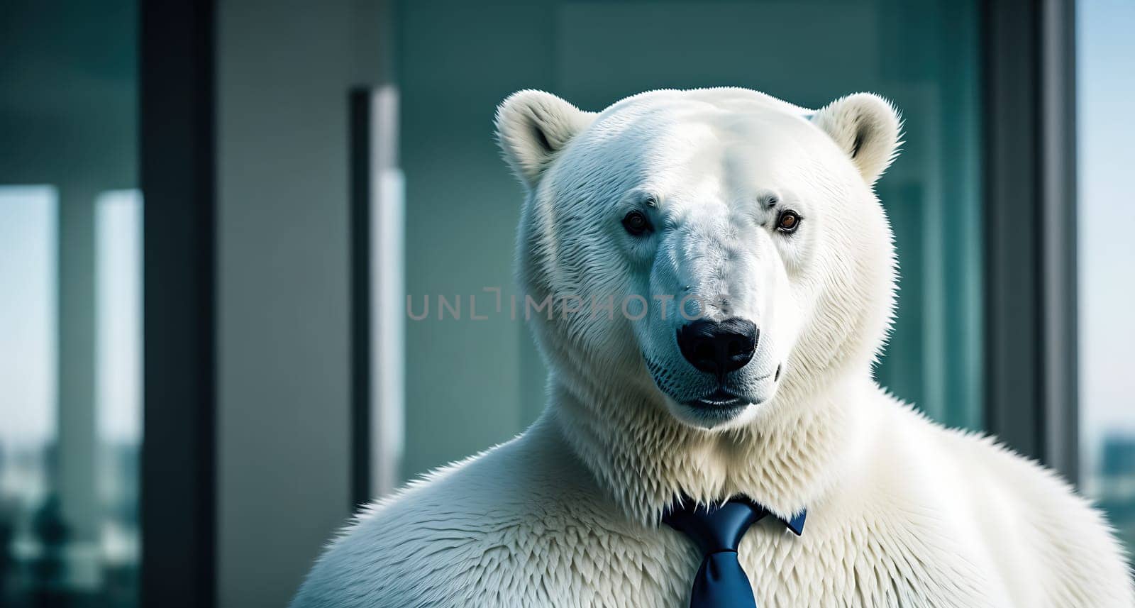 The image shows a polar bear wearing a business suit standing in front of a window.