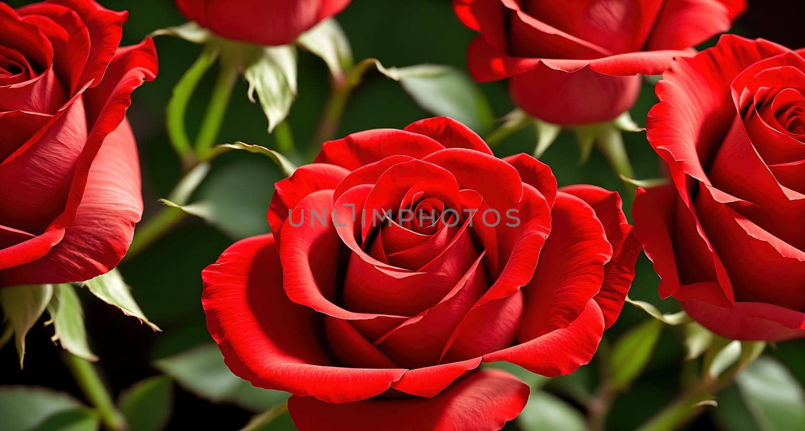 The image shows a bouquet of red roses in a vase.