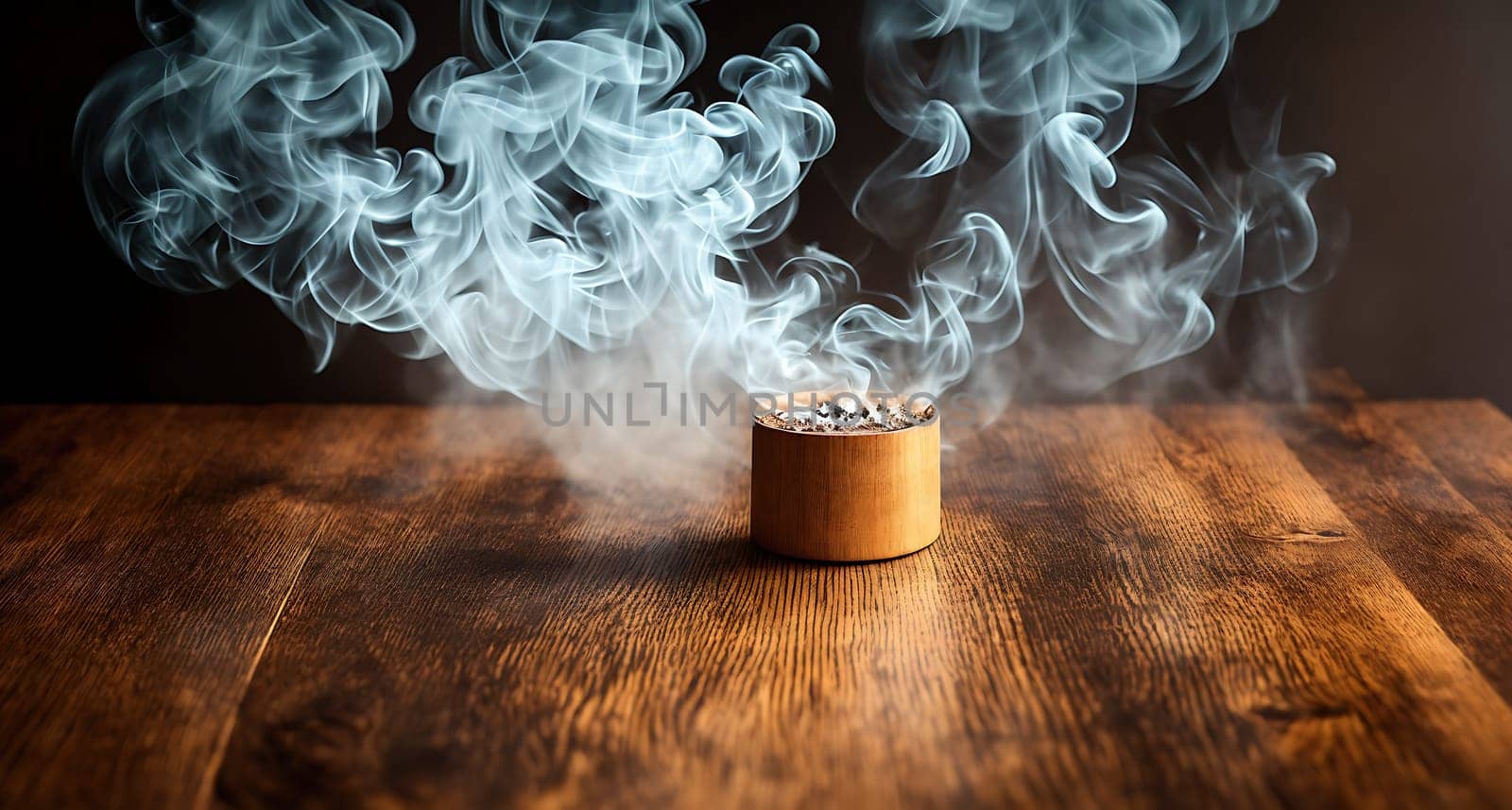 The image shows a small wooden box with a burning cigarette inside, surrounded by smoke.