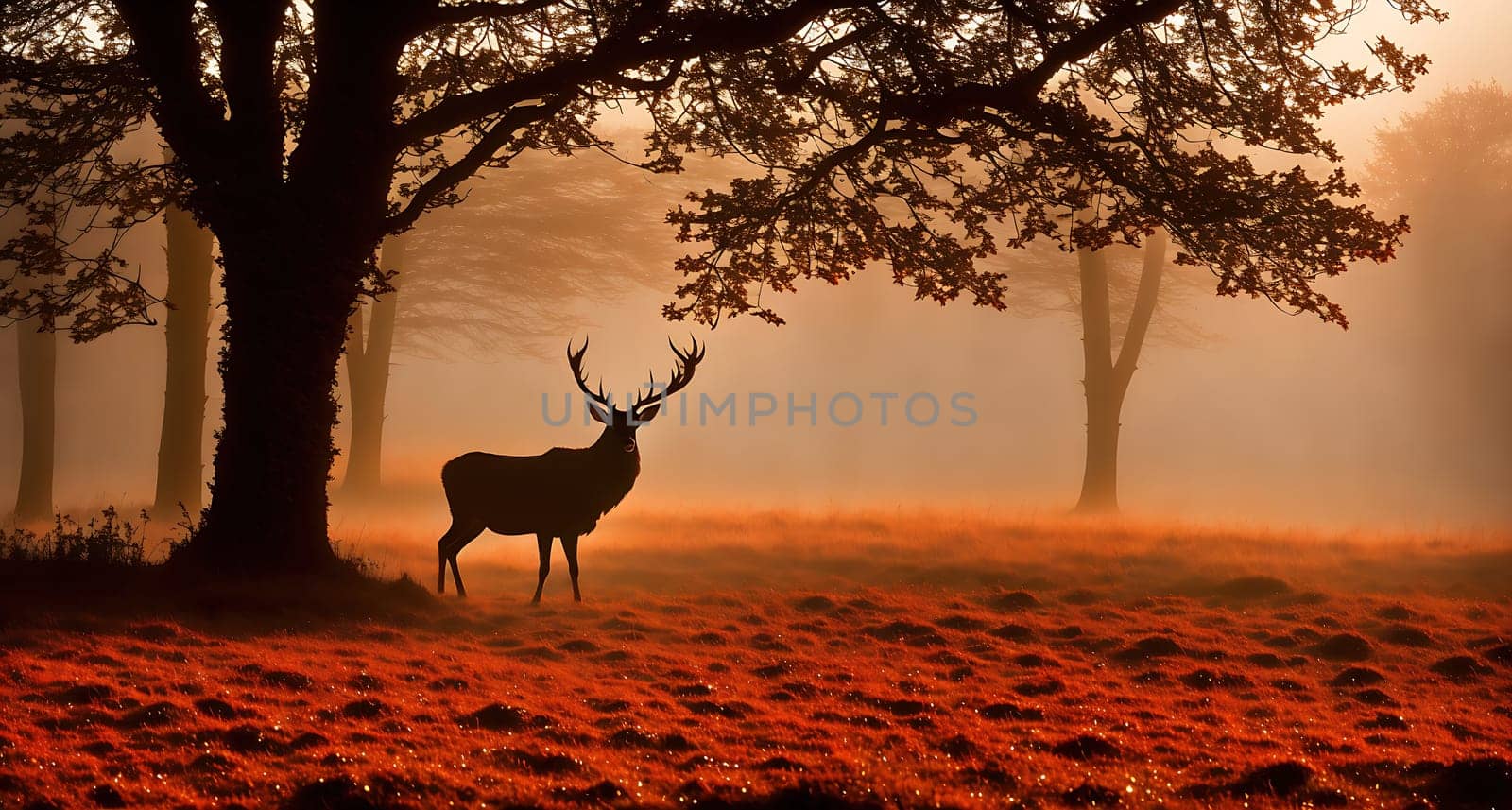 The image depicts a deer standing in a misty forest, with its antlers reaching up towards the sky.