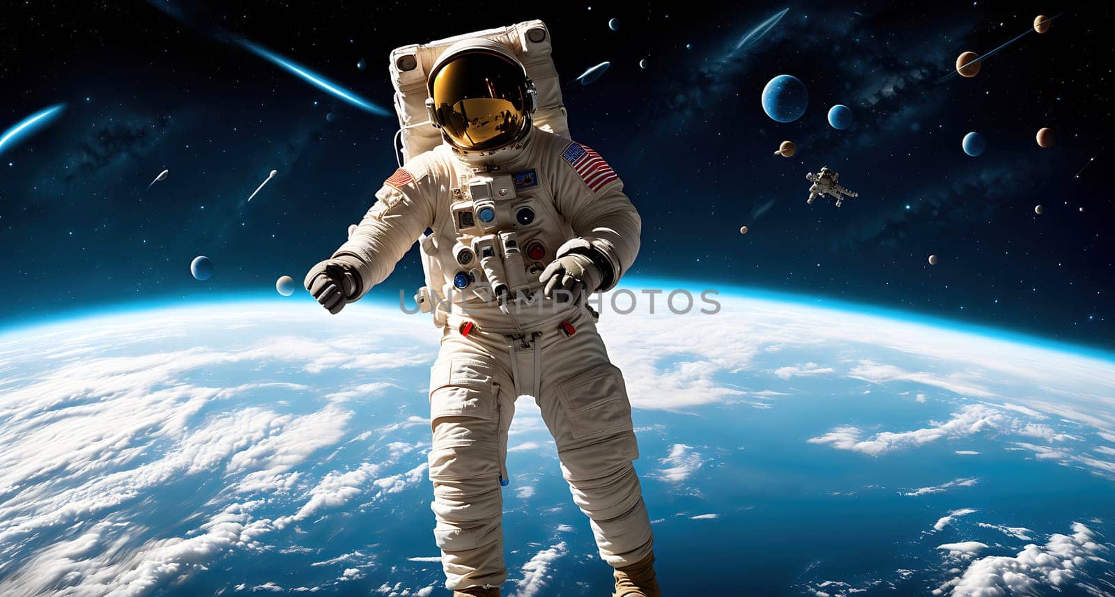 The image shows an astronaut floating in space with a spaceship in the background.