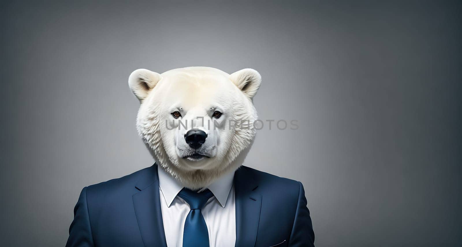 The image is a cartoon illustration of a polar bear wearing a business suit and tie, with a serious expression on its face.