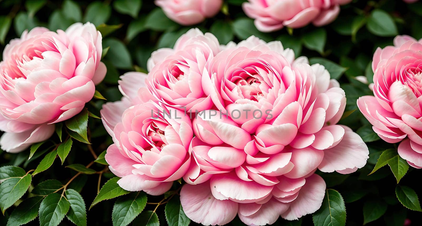 The image shows a group of pink flowers growing in a garden with green leaves and branches.