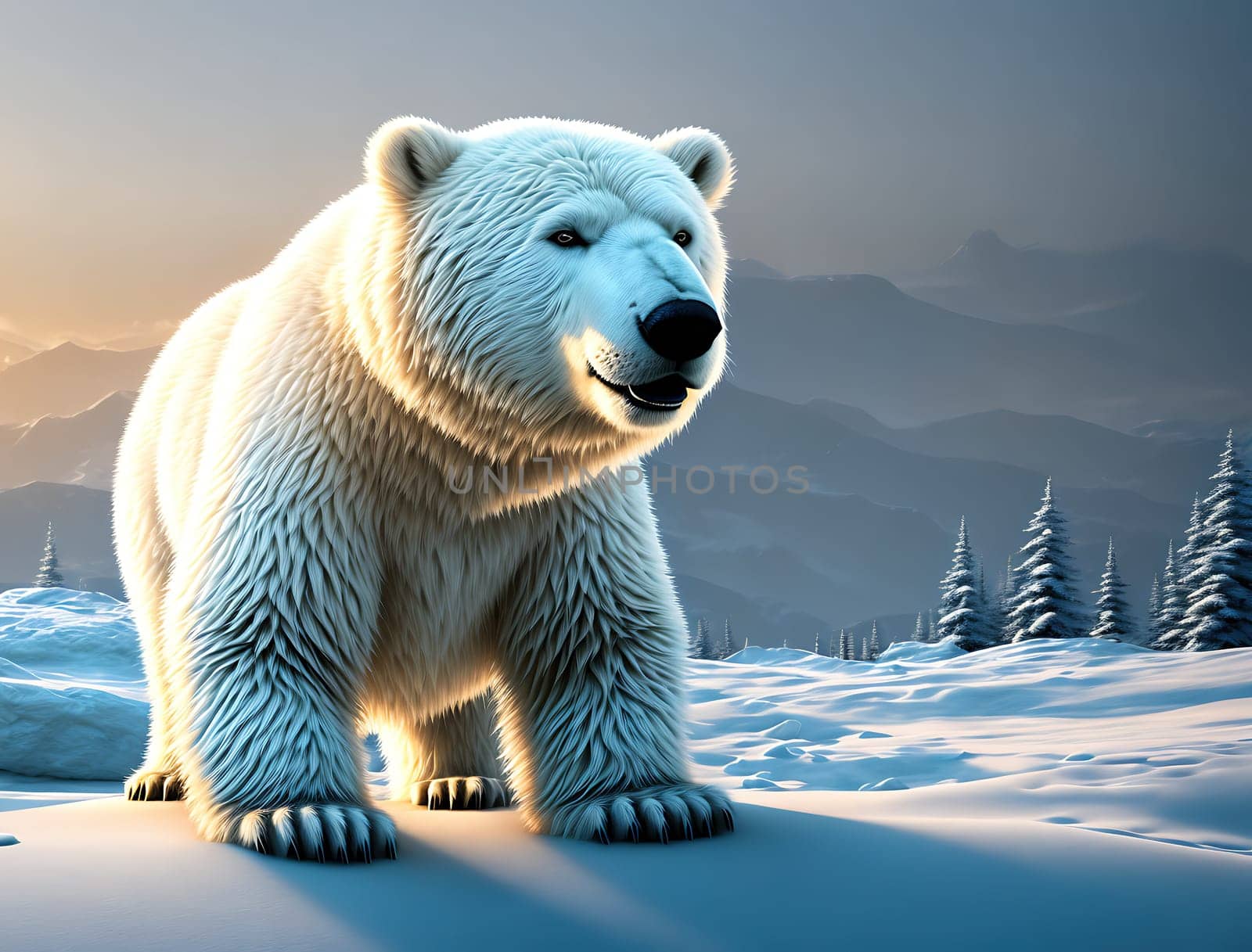 The image is a white polar bear standing in the snow with its paws on the ground and its head looking up at the sky.