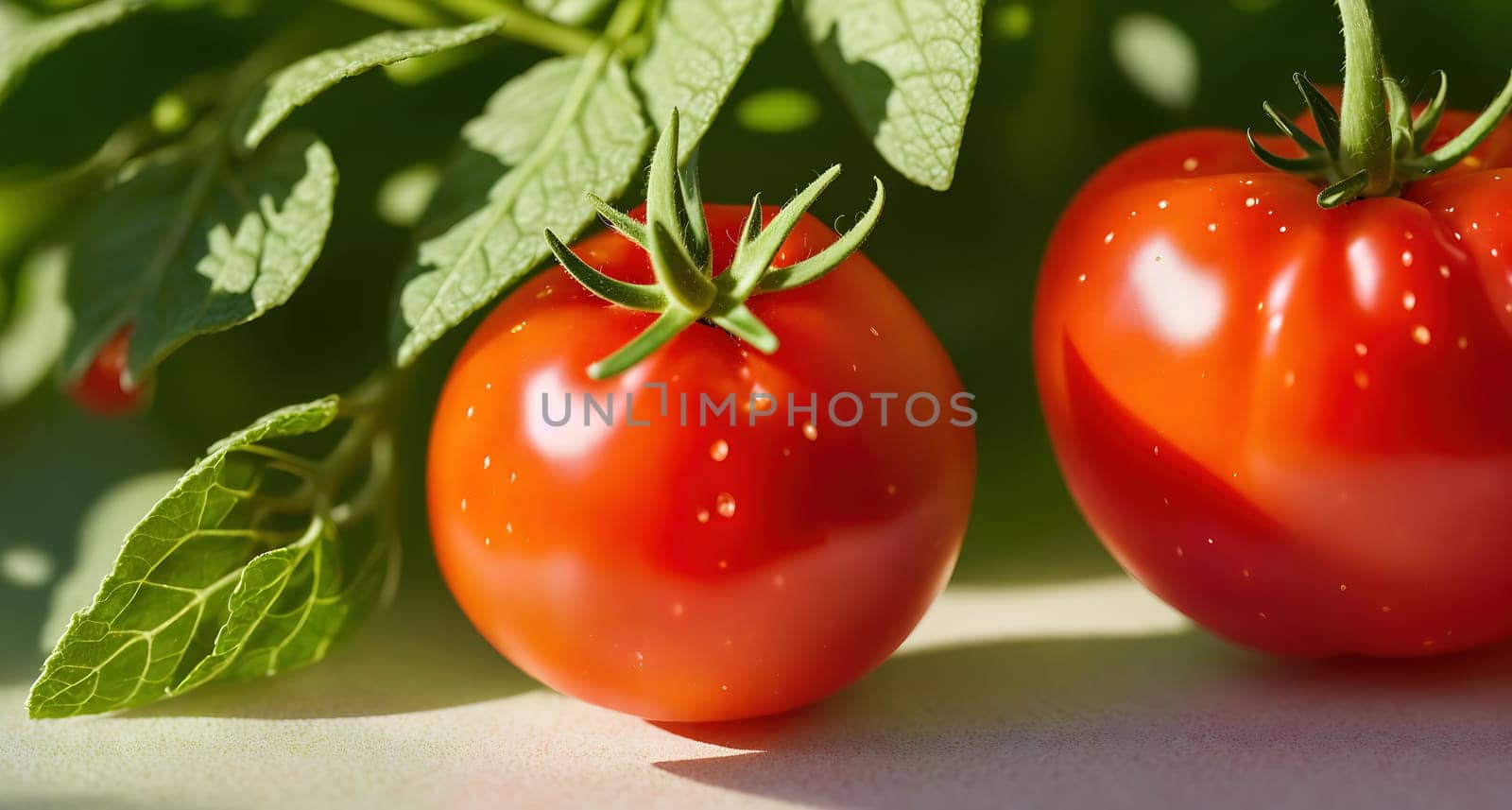 The image shows two ripe tomatoes growing on a plant with green leaves in the background.