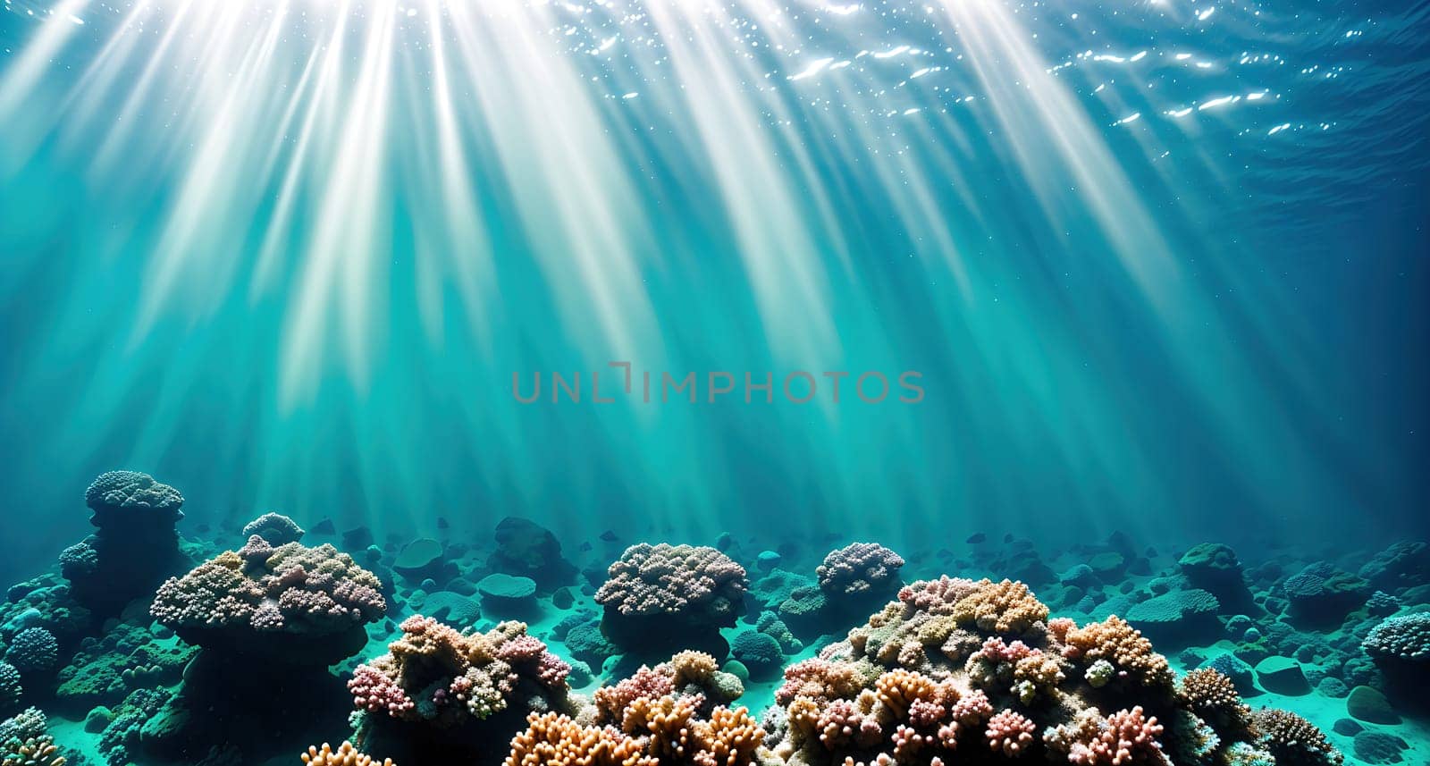 The image depicts an underwater scene with coral reefs and schools of fish swimming in the water.