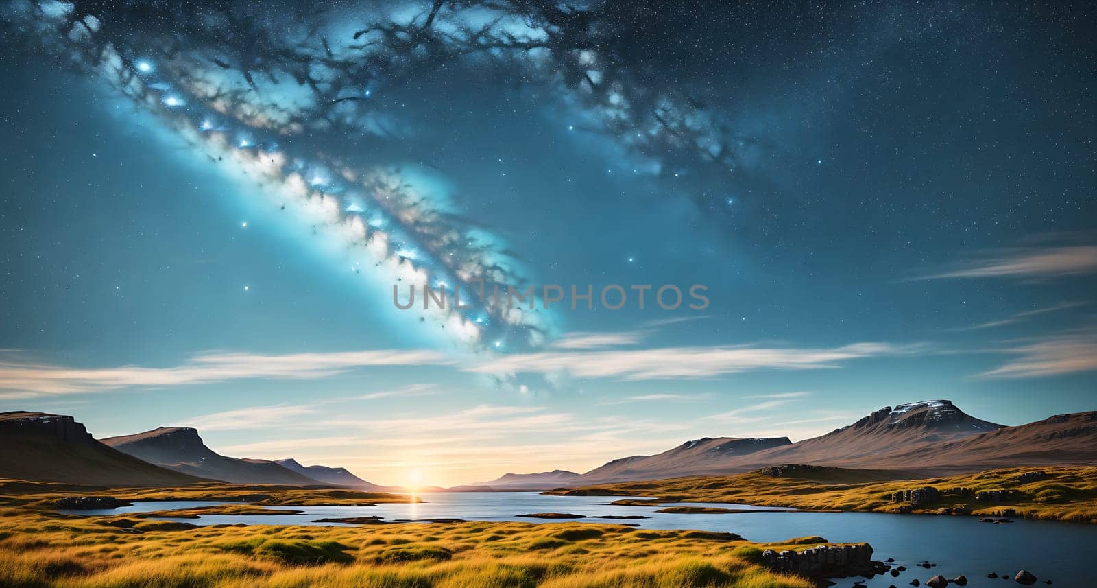 The image depicts a serene landscape with mountains in the background and a body of water in the foreground.