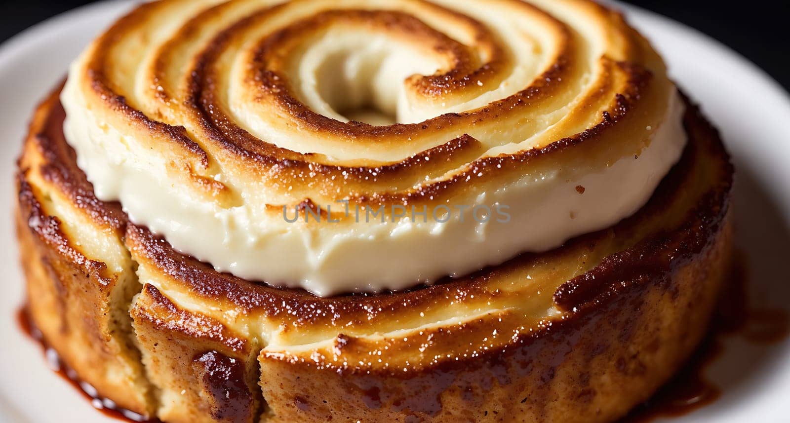 The image is a close-up of a cake with a swirl of cream on top, served on a white plate.
