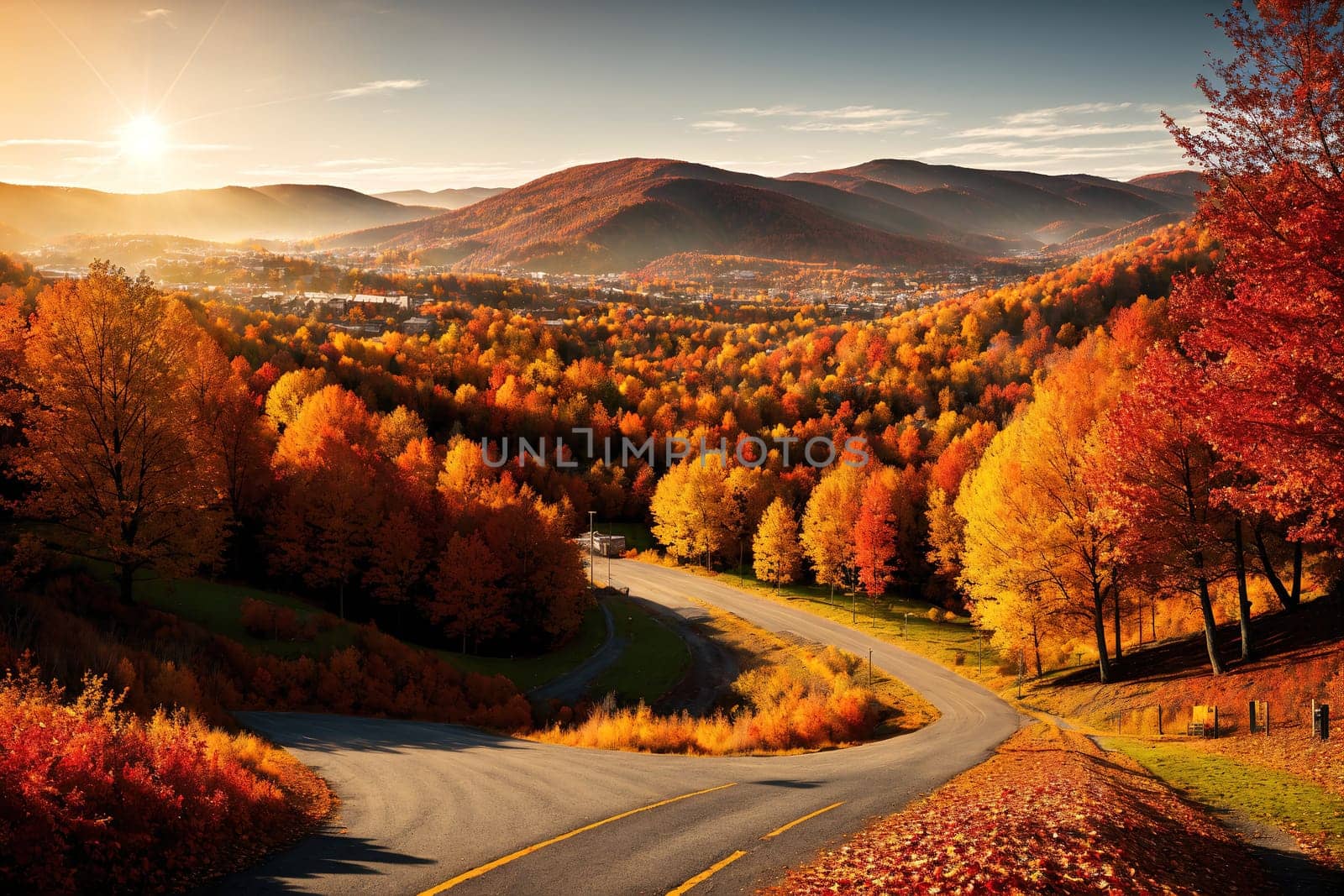 The image shows a scenic road winding through a colorful autumn forest with mountains in the background.