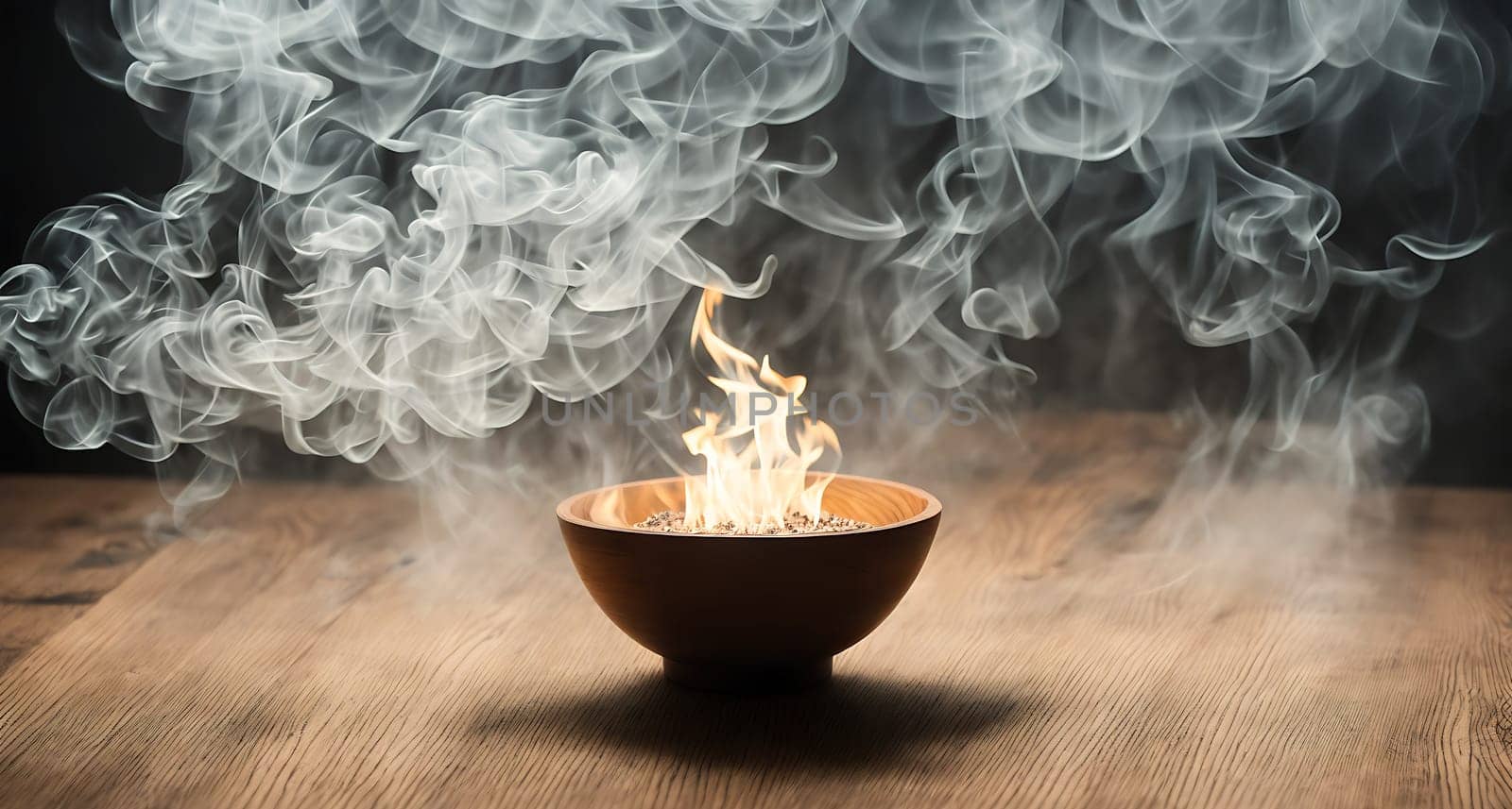 The image shows a cup of coffee with steam rising from it on a wooden table.