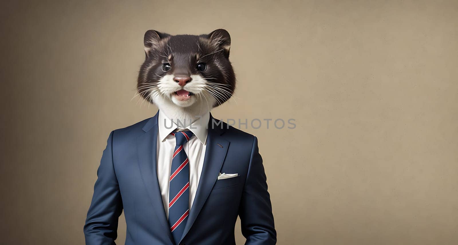 The image shows a cartoon character wearing a suit and tie standing in front of a blank background.