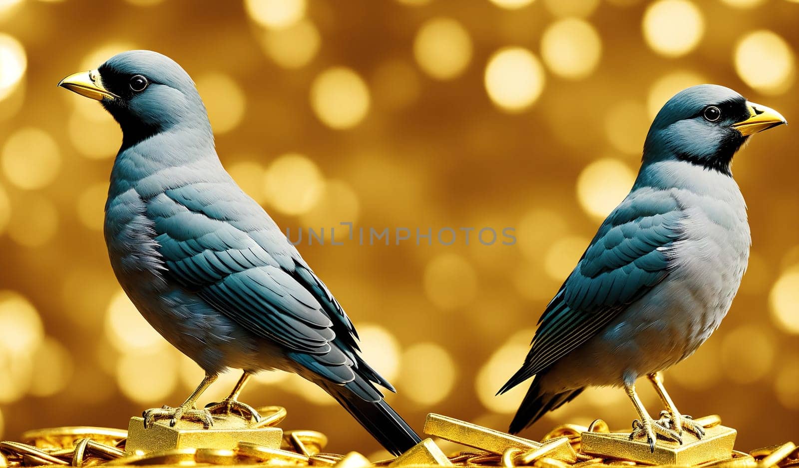 The image shows two birds perched on top of a pile of gold coins, with their beaks open as if they are singing.