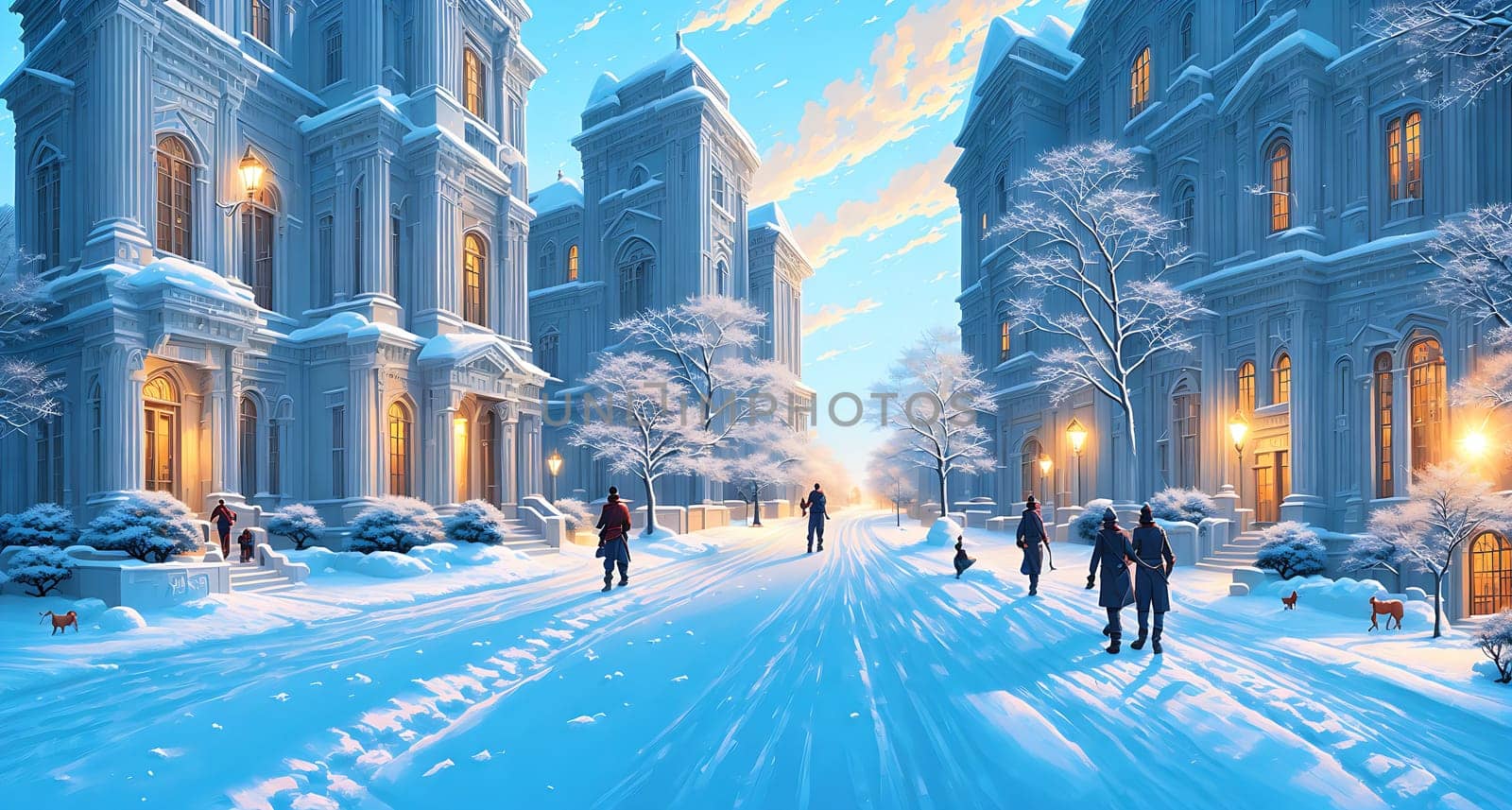 The image depicts a winter scene with snow covered streets, buildings, and people walking in the background.