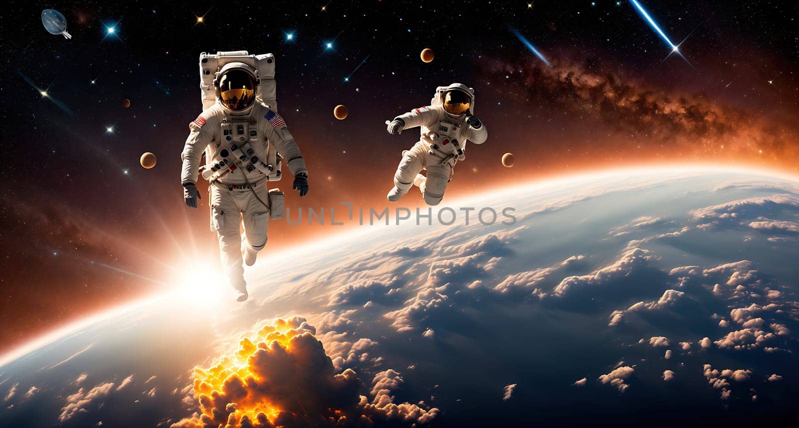 The image shows two astronauts floating in space, with the Earth in the background.