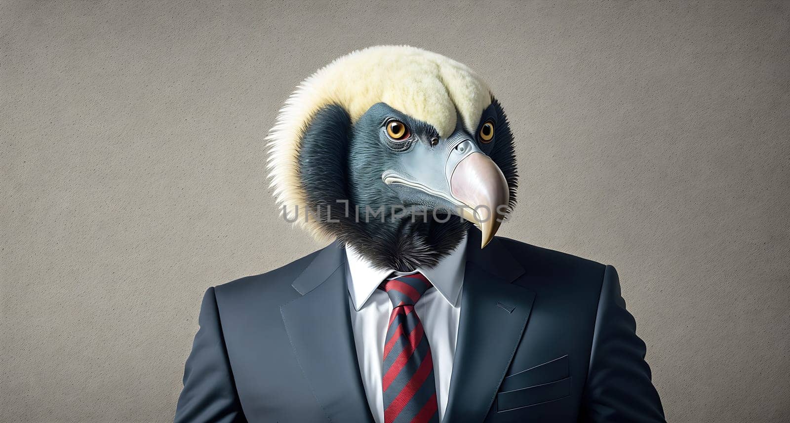 The image is of a bird wearing a suit and tie, with a serious expression on its face.
