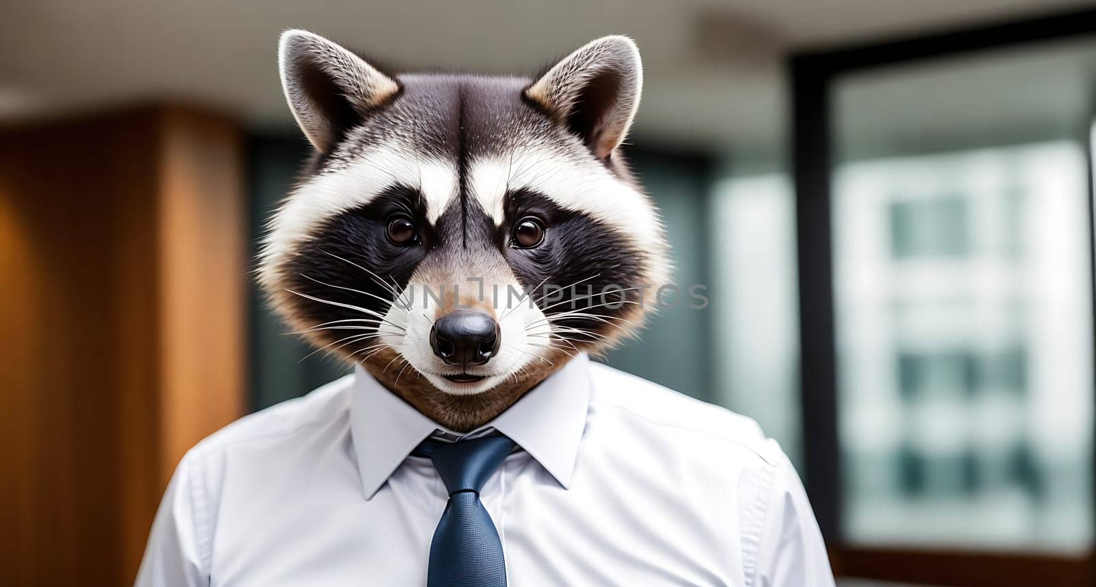 The image shows a man wearing a suit and tie standing in front of a window with a raccoon mask on his face.