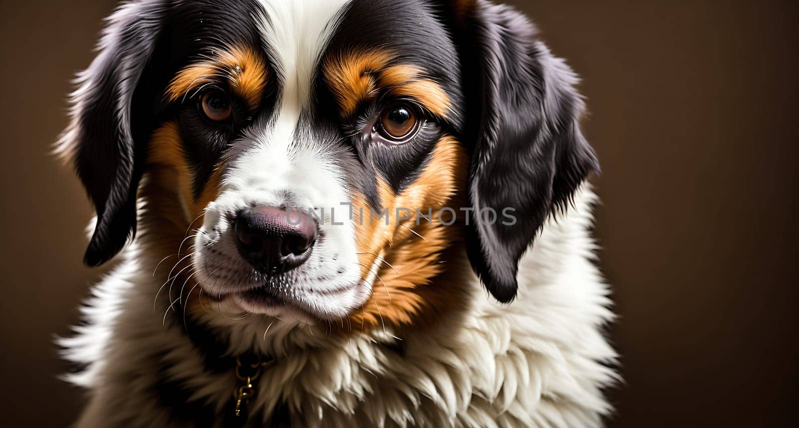 The image is a close-up of a brown and white dog with big brown eyes looking directly at the camera.